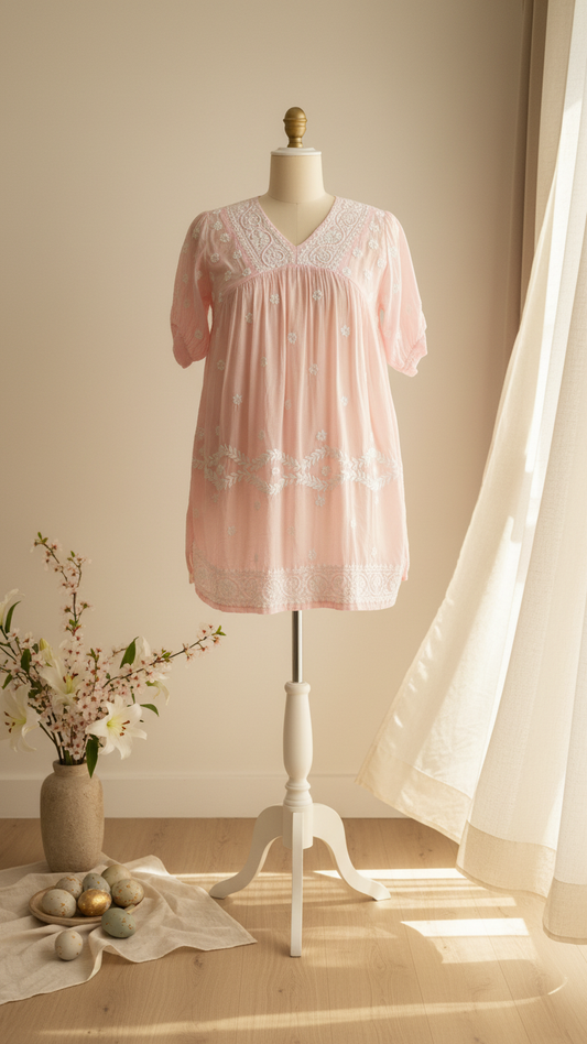 Readymade Pink Muslin Short Kurta - No Side Slit