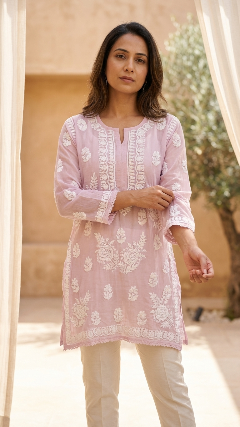 Readymade Dusk Pink Muslin Short Kurta