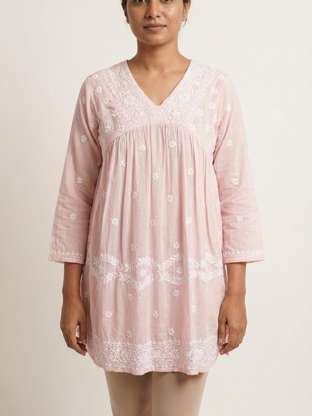 Readymade Pink Muslin Short Kurta - No Side Slit