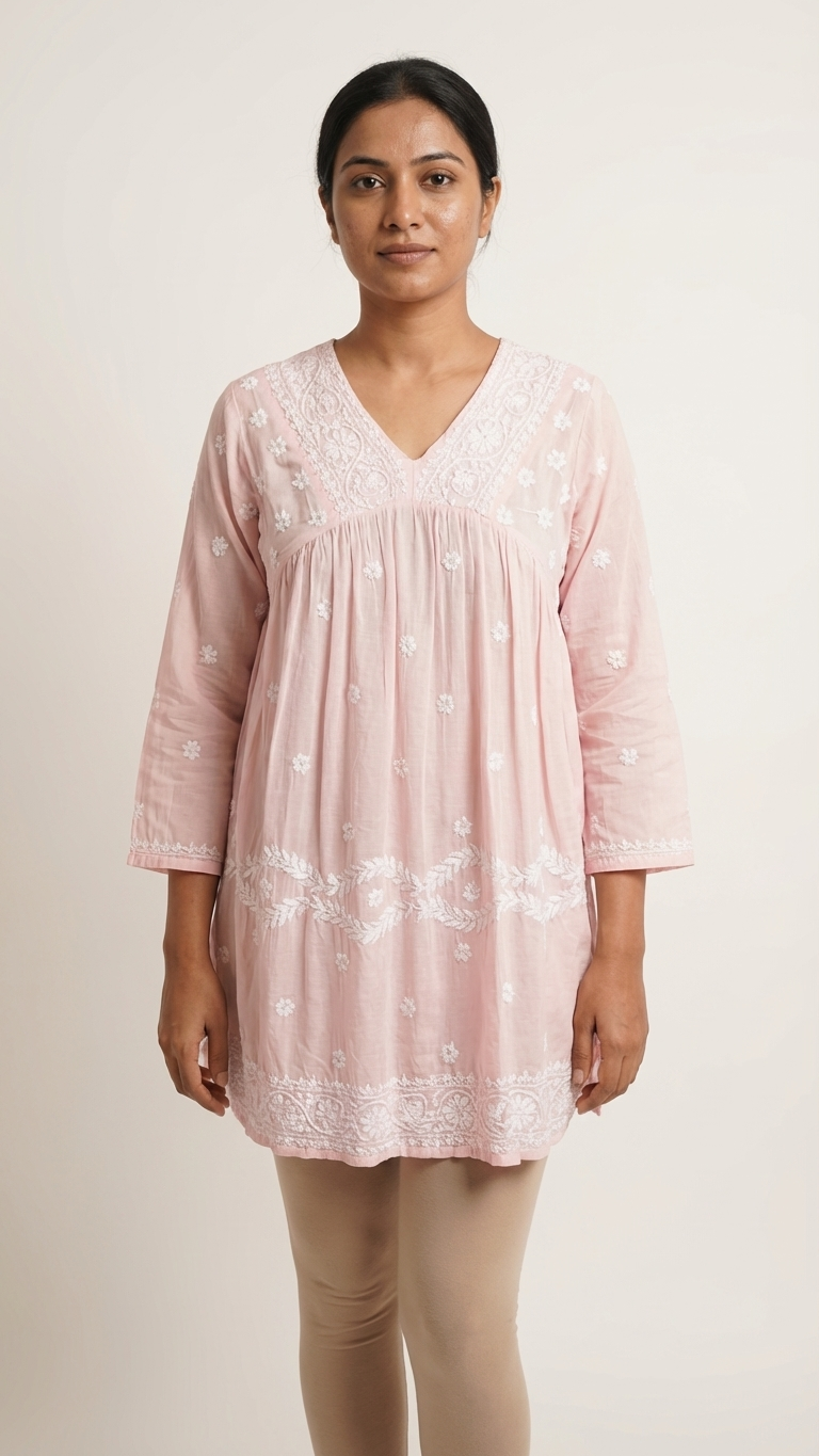 Readymade Pink Muslin Short Kurta - No Side Slit