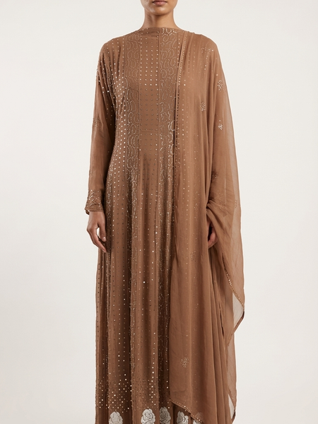 Brown Semistitched Georgette Mukaish Anarkali With Dupatta
