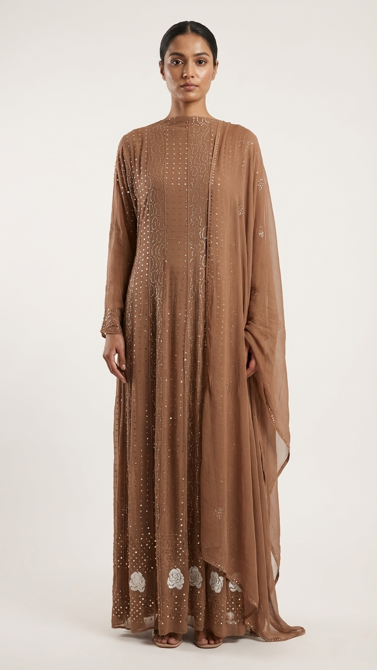 Brown Semistitched Georgette Mukaish Anarkali With Dupatta