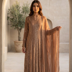 Brown Semistitched Georgette Mukaish Anarkali With Dupatta
