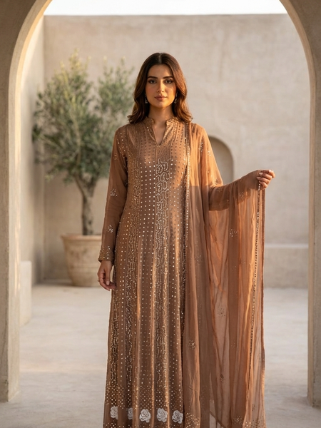 Brown Semistitched Georgette Mukaish Anarkali With Dupatta
