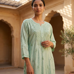 Chanderi Chikankari Long Kurta Green