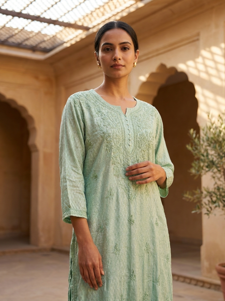 Chanderi Chikankari Long Kurta Green