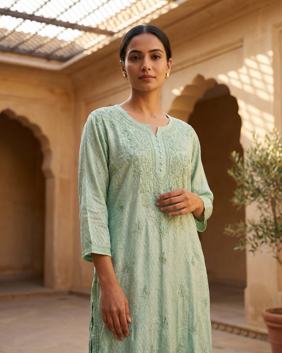 Chanderi Chikankari Long Kurta Green