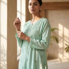 Chanderi Chikankari Long Kurta Green