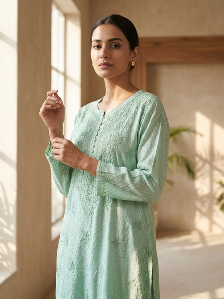 Chanderi Chikankari Long Kurta Green