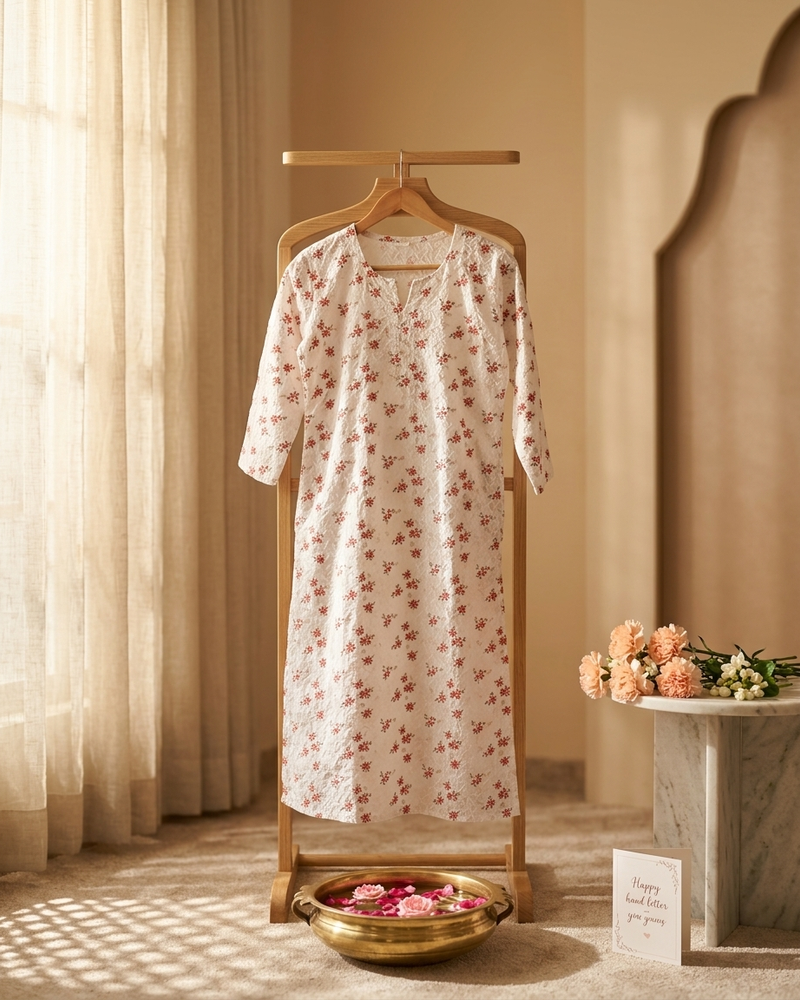 Cotton White Red Floral Design Kurta
