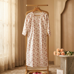 Cotton White Red Floral Design Kurta