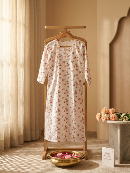 Cotton White Red Floral Design Kurta