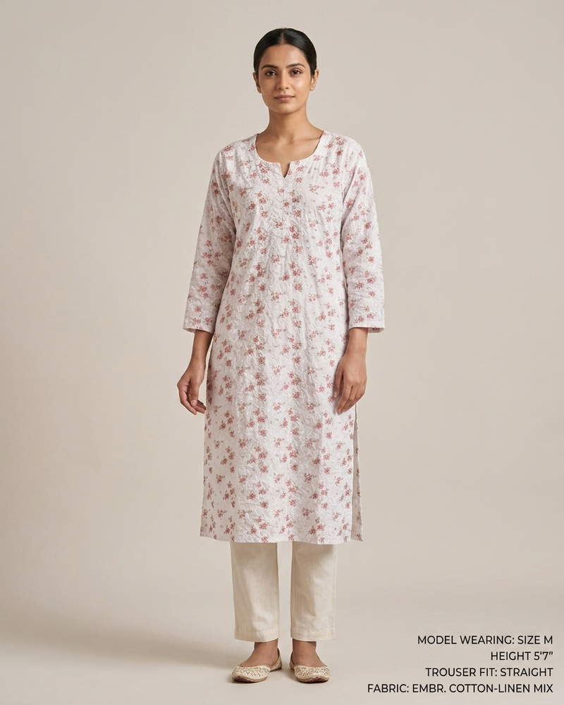 Cotton White Red Floral Design Kurta