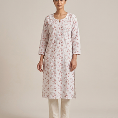 Cotton White Red Floral Design Kurta