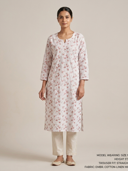 Cotton White Red Floral Design Kurta