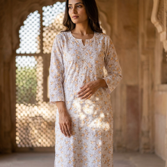 Cotton White Green Floral Design Kurta