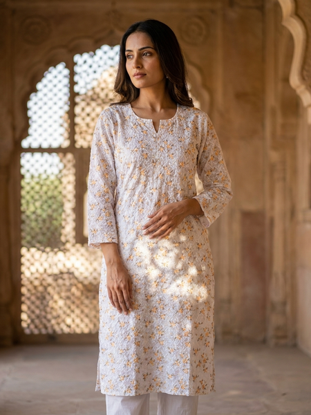 Cotton White Green Floral Design Kurta