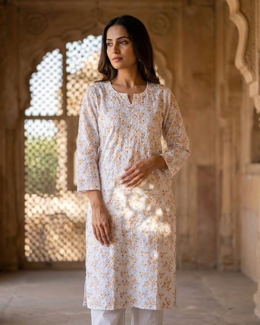 Cotton White Green Floral Design Kurta