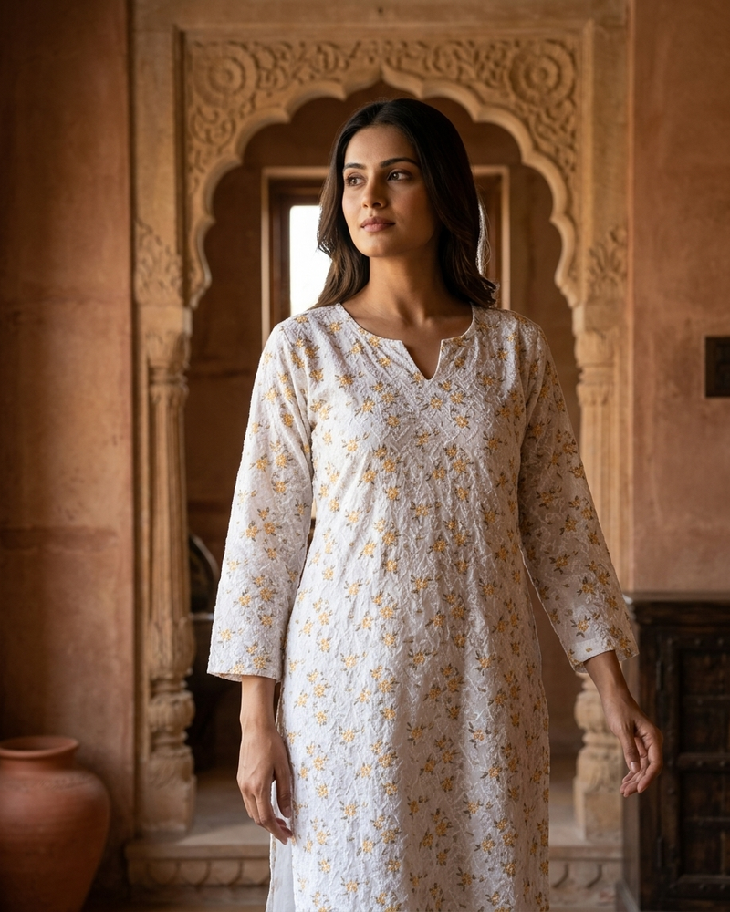 Cotton White Green Floral Design Kurta