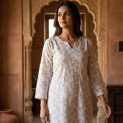 Cotton White Green Floral Design Kurta