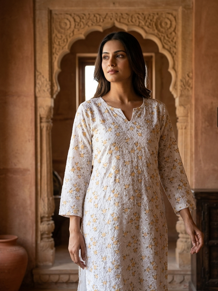 Cotton White Green Floral Design Kurta