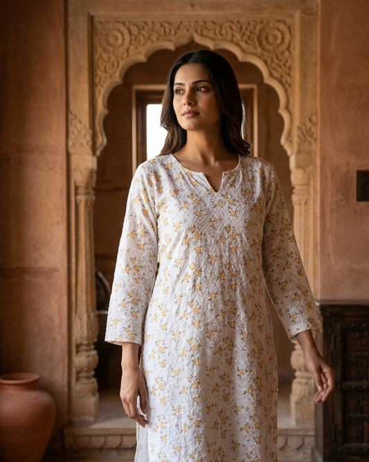 Cotton White Green Floral Design Kurta