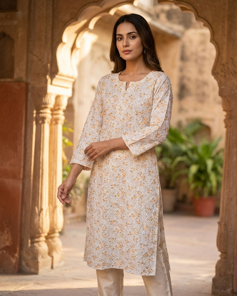 Cotton White Green Floral Design Kurta