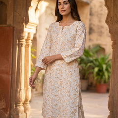 Cotton White Green Floral Design Kurta