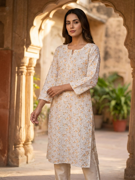 Cotton White Green Floral Design Kurta