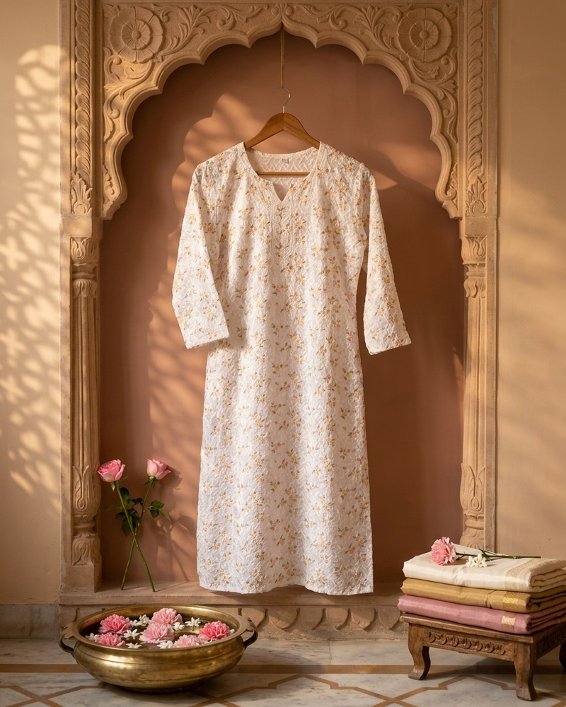 Cotton White Green Floral Design Kurta