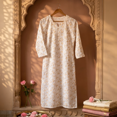 Cotton White Green Floral Design Kurta