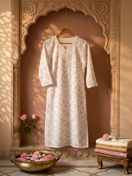 Cotton White Green Floral Design Kurta