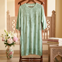 Chanderi Chikankari Long Kurta Green
