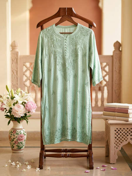 Chanderi Chikankari Long Kurta Green