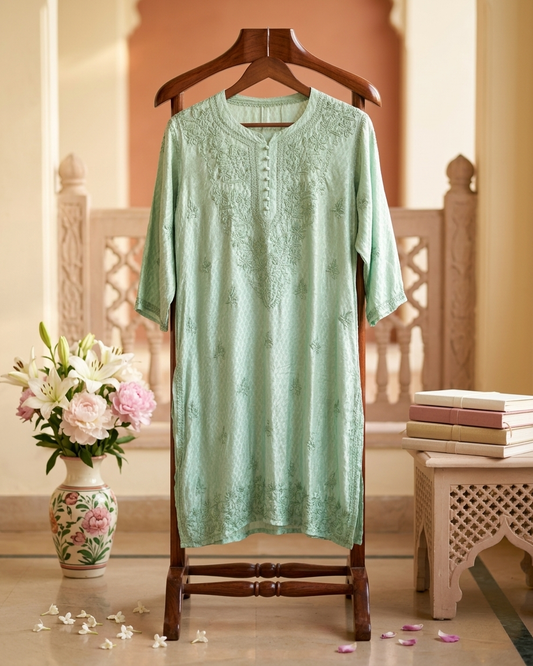 Chanderi Chikankari Long Kurta Green