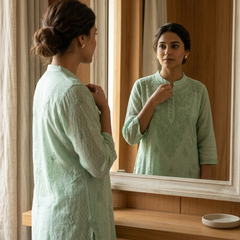 Chanderi Chikankari Long Kurta Green