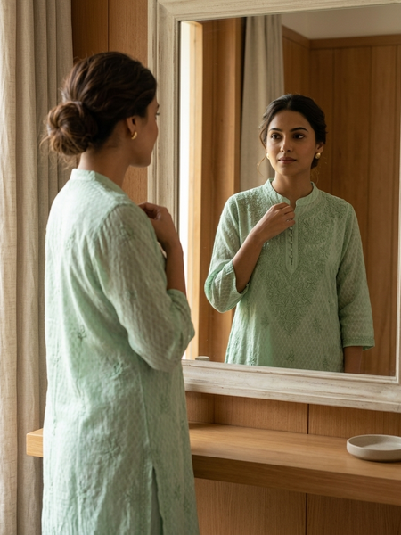 Chanderi Chikankari Long Kurta Green