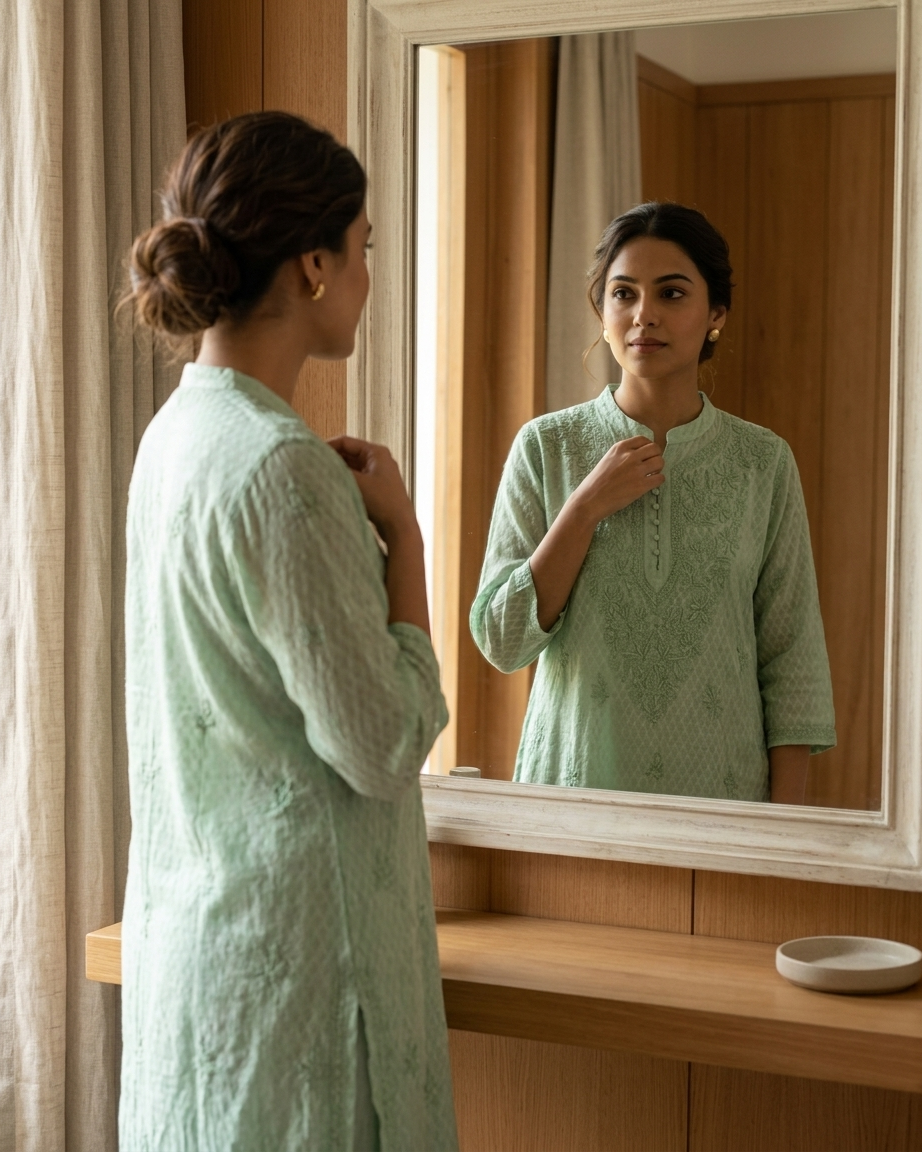 Chanderi Chikankari Long Kurta Green