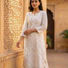 Cotton White Yellow Floral Design Kurta