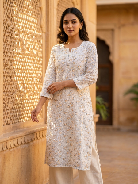 Cotton White Yellow Floral Design Kurta