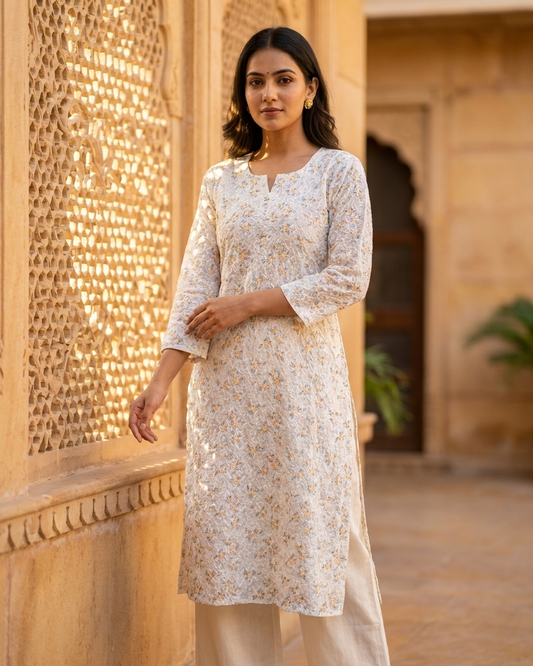 Cotton White Yellow Floral Design Kurta