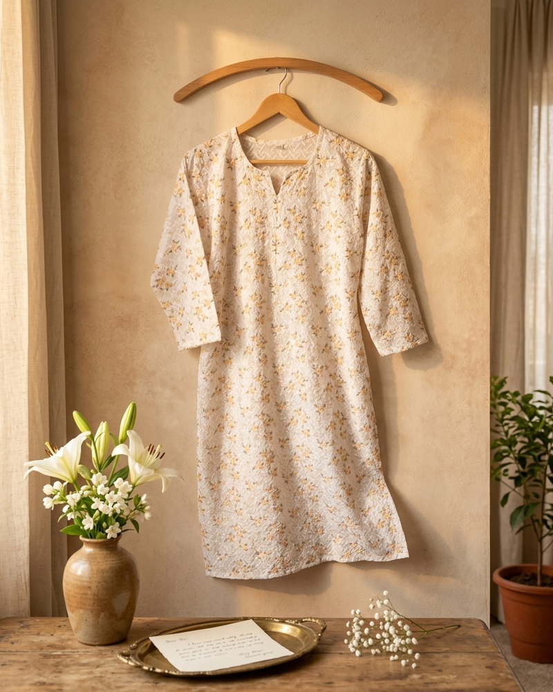 Cotton White Yellow Floral Design Kurta