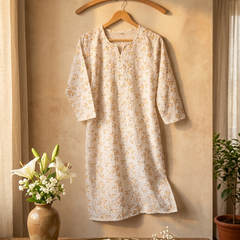 Cotton White Yellow Floral Design Kurta
