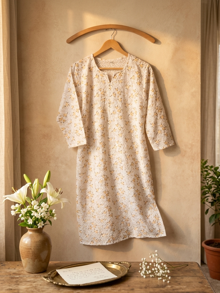 Cotton White Yellow Floral Design Kurta