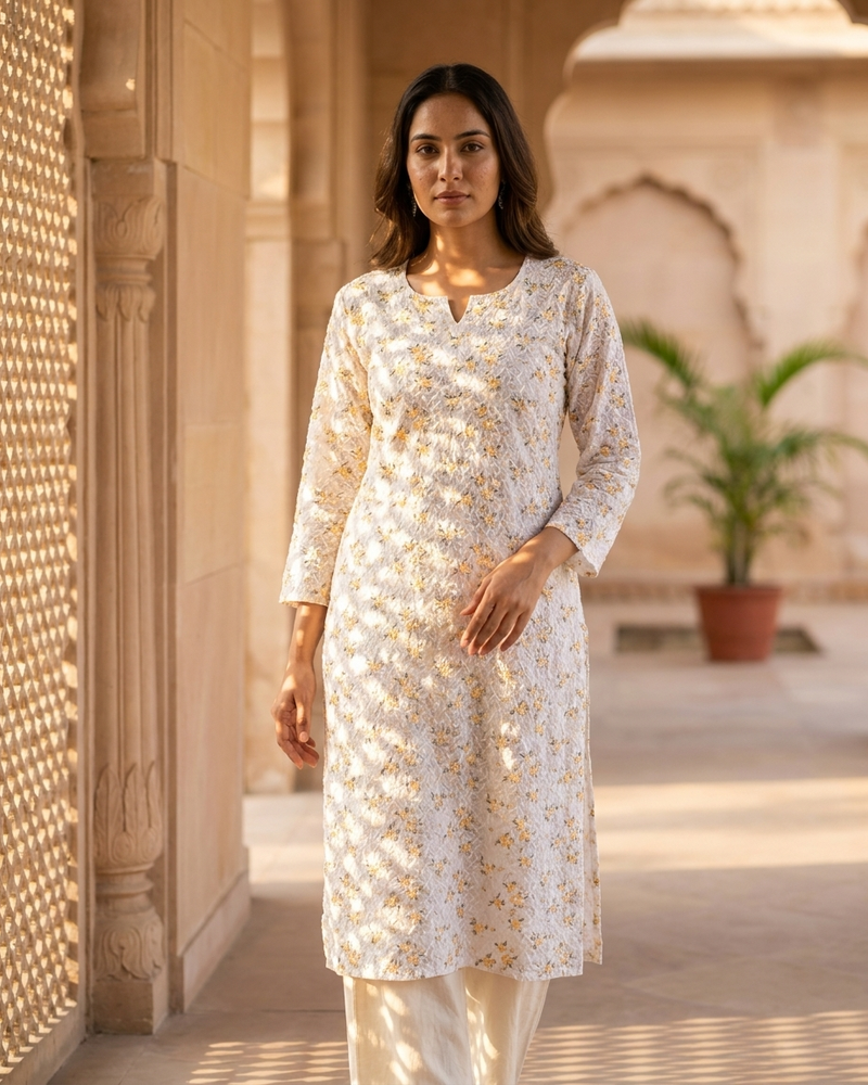 Cotton White Yellow Floral Design Kurta