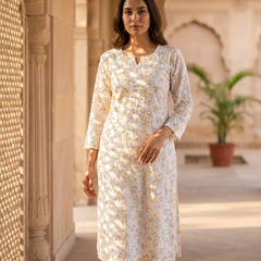Cotton White Yellow Floral Design Kurta