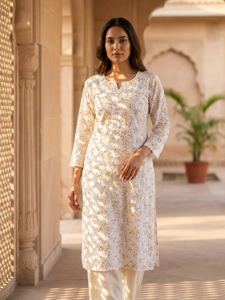 Cotton White Yellow Floral Design Kurta