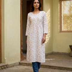Cotton White Yellow Floral Design Kurta