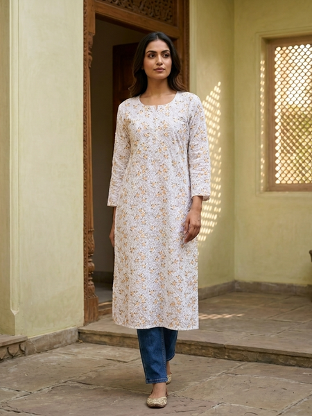Cotton White Yellow Floral Design Kurta