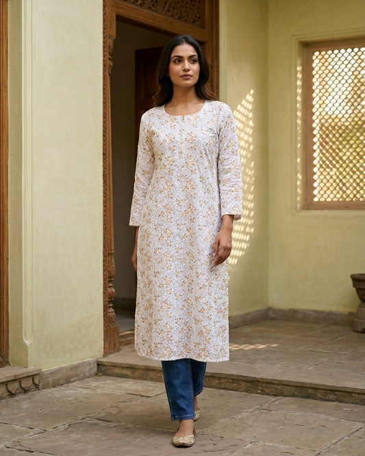 Cotton White Yellow Floral Design Kurta